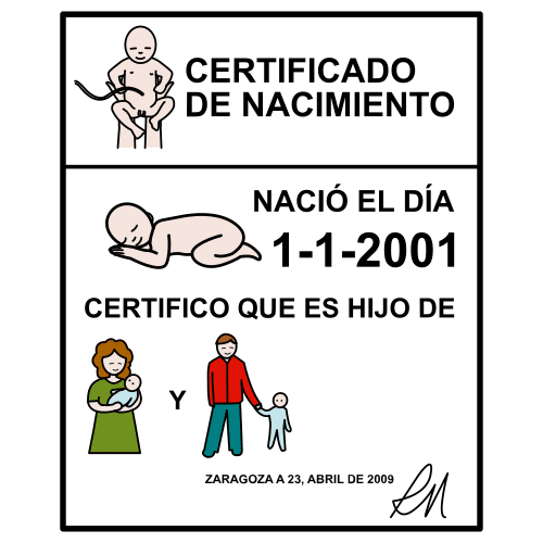 Pictograma de certificado de nacimiento para niños con TEA